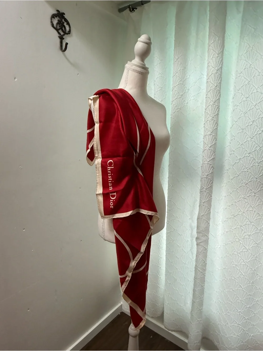 Dior Red and Cream Silk Scarf Wrap